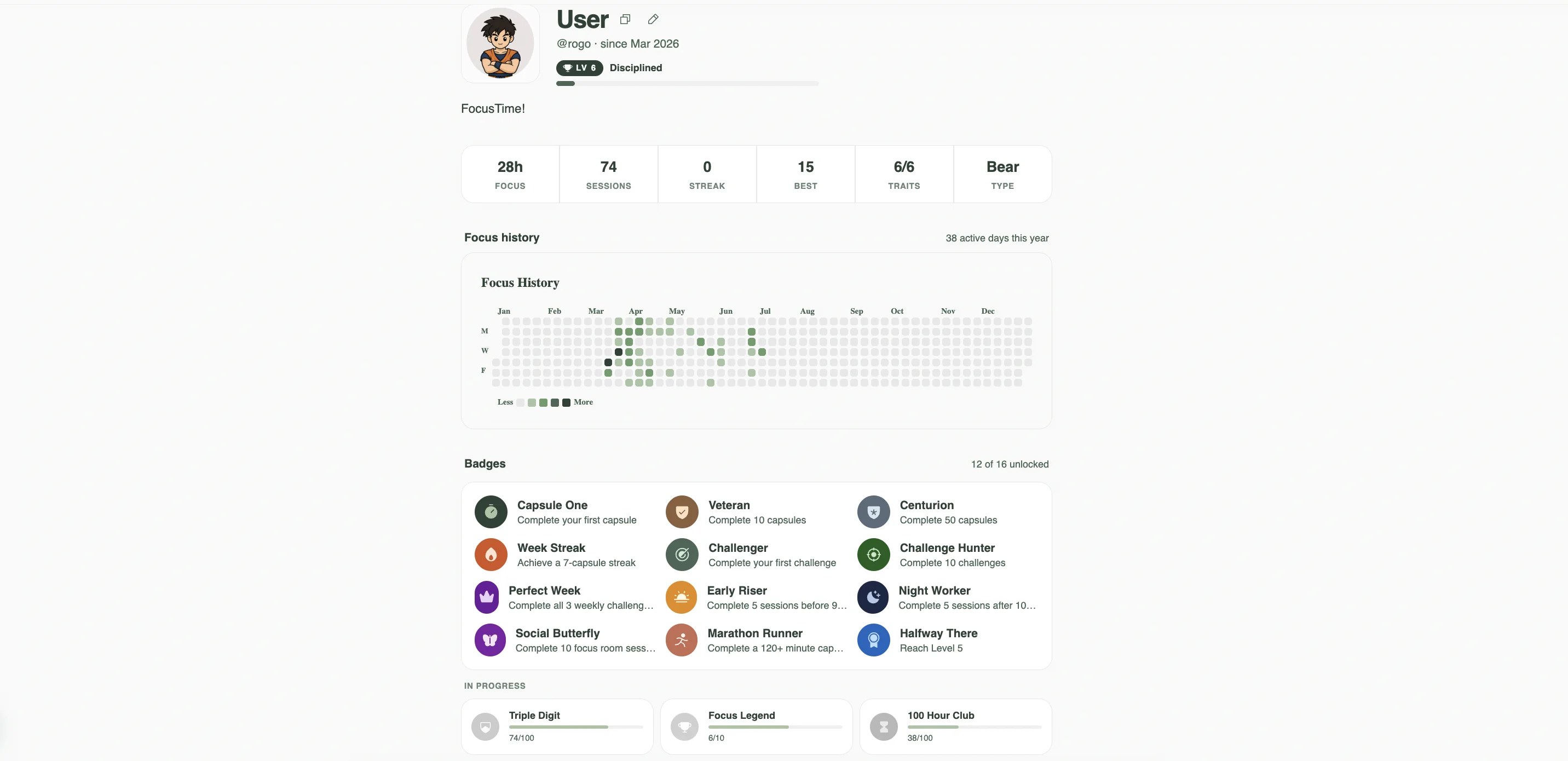 Profile page with headline stats, a year long focus history heatmap, and unlocked badges