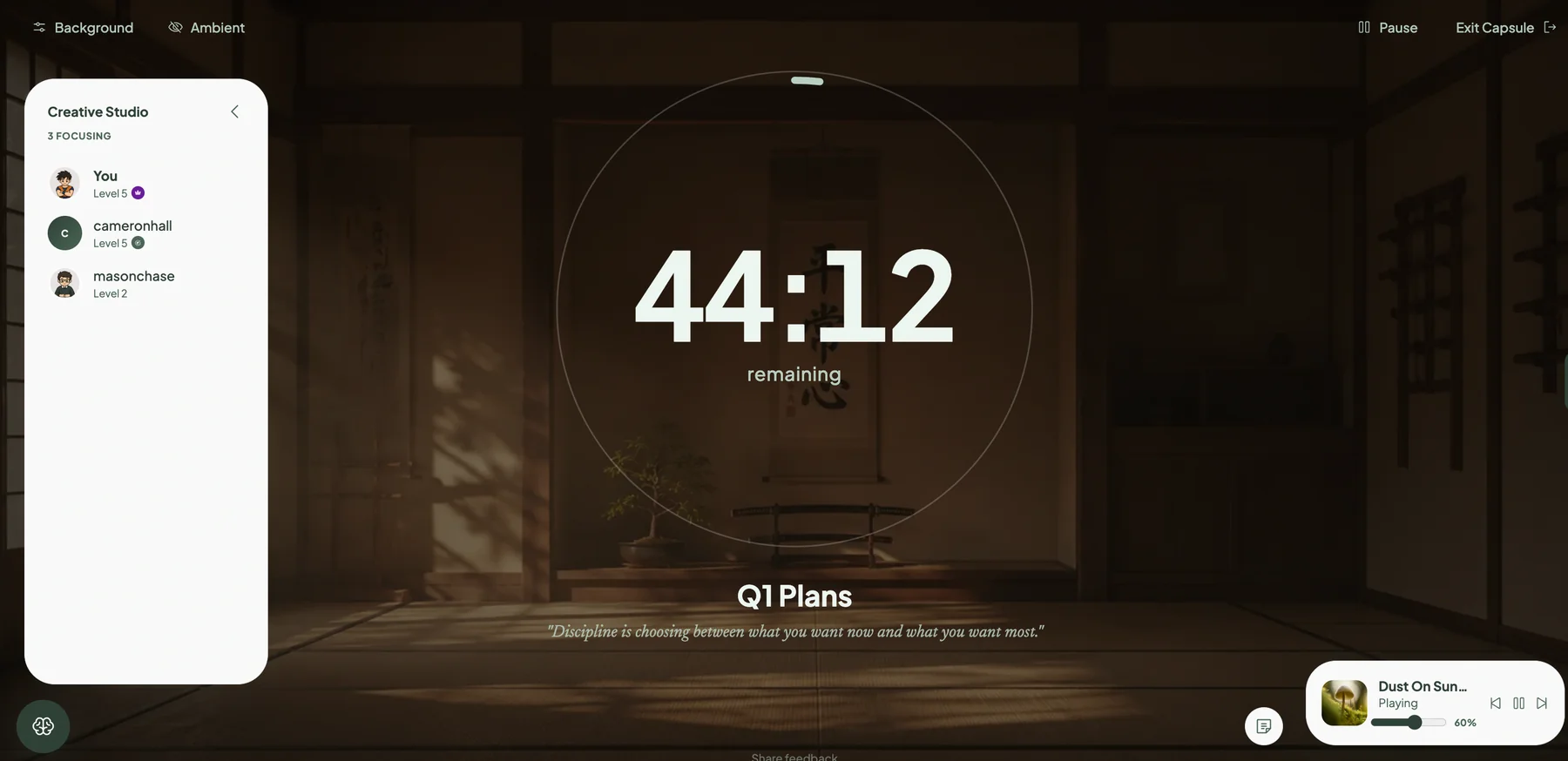 Active focus capsule with the timer, current task, and parking lot for distractions