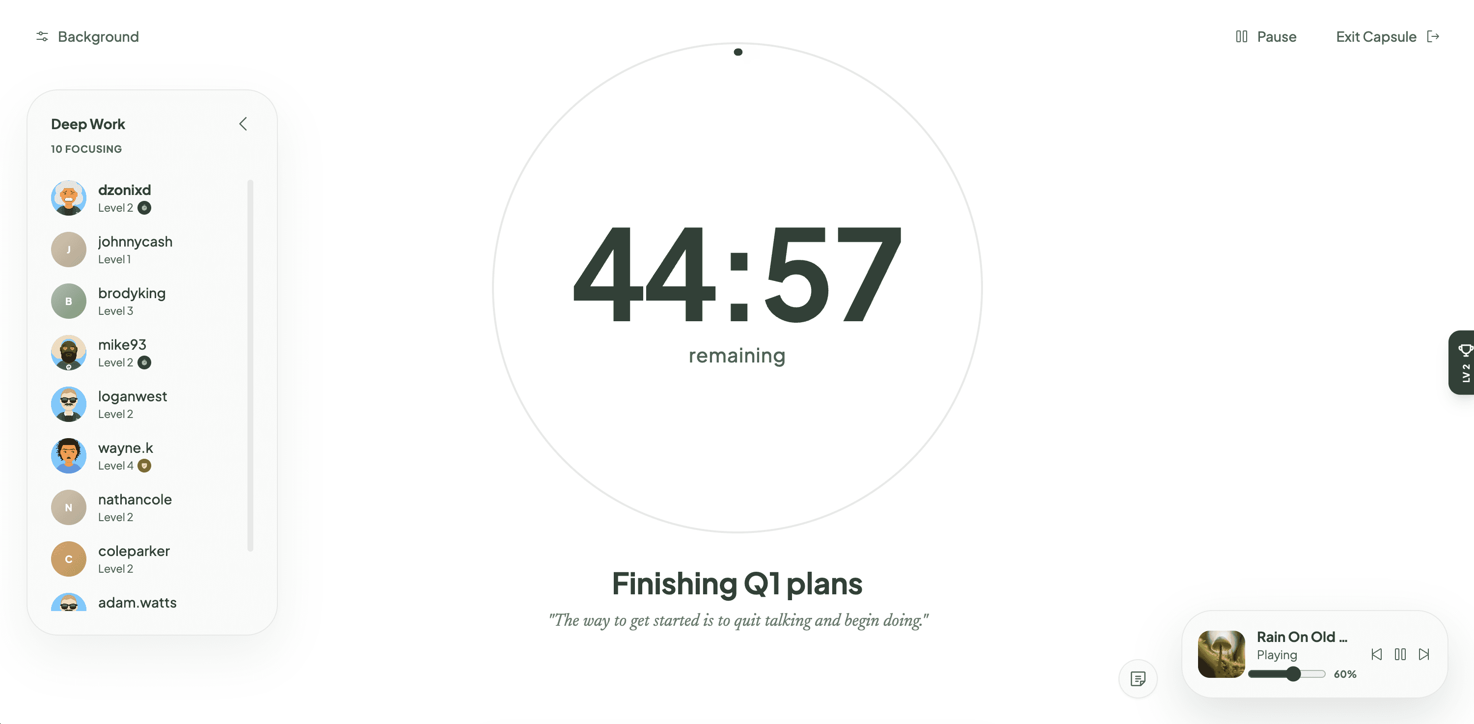 Focus timer, clean session view