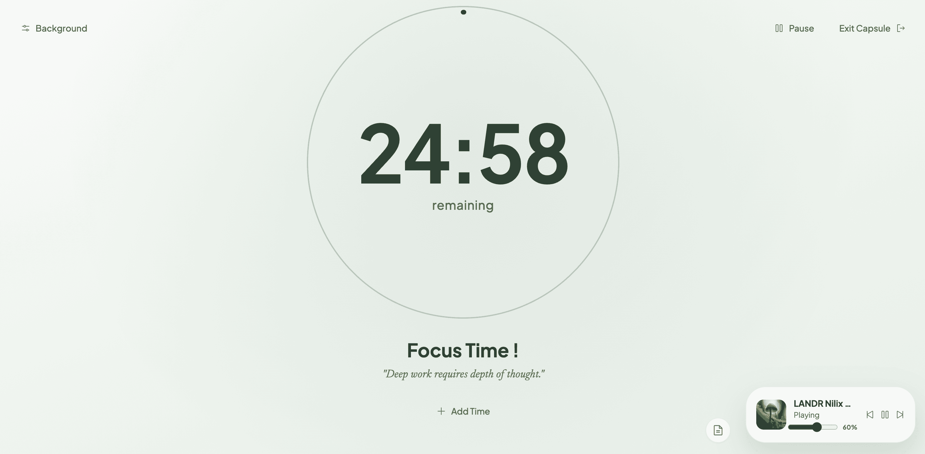 FocusCapsule app showing an active deep focus session with a countdown timer